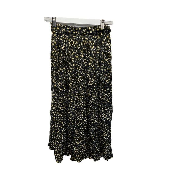 Alice Blue Accordion Pleat Midi Skirt Size S Black Butter Yellow Floral Belt - Picture 2 of 13